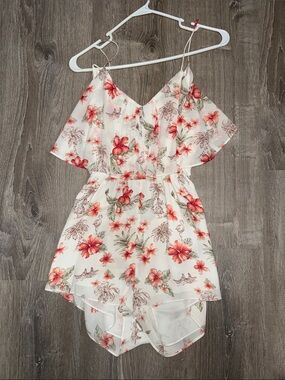 Forever 21 Cream Floral Off-Shoulder Romper with Coral Flowers